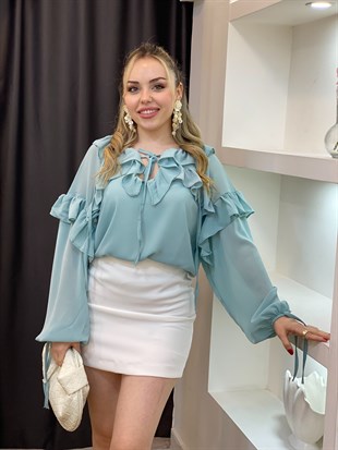 Turkuaz Renk Lüx Kalite Yaka Volanlı Bluz