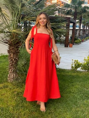 Turuncu Omuz Bağlamalı Model Gipeli Elbise