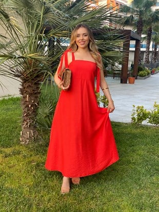 Turuncu Omuz Bağlamalı Model Gipeli Elbise