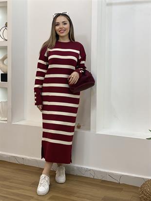 Vişne Renk Çizgili Bilek Düğmeli Triko Elbise