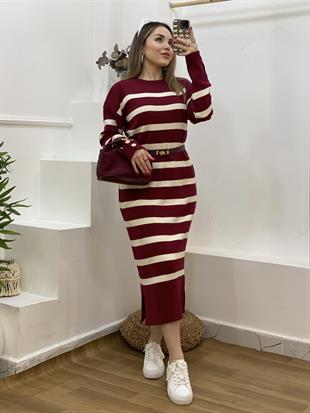 Vişne Renk Çizgili Bilek Düğmeli Triko Elbise