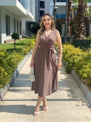 Vizon Kruvaze Yaka Kuşaklı Likralı ,Kalıp Mükemmel Elbise