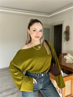 Yağ Yeşili Düşük Omuz Oversize Modal Bluz