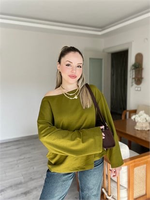 Yağ Yeşili Düşük Omuz Oversize Modal Bluz