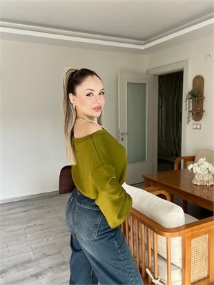 Yağ Yeşili Düşük Omuz Oversize Modal Bluz