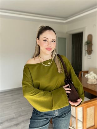 Yağ Yeşili Düşük Omuz Oversize Modal Bluz