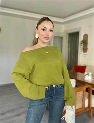 Yağ Yeşili Düşük Omuz Oversize Modal Bluz