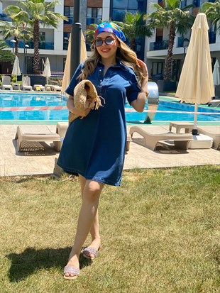 Yaka Düğmeli Denim Elbise
