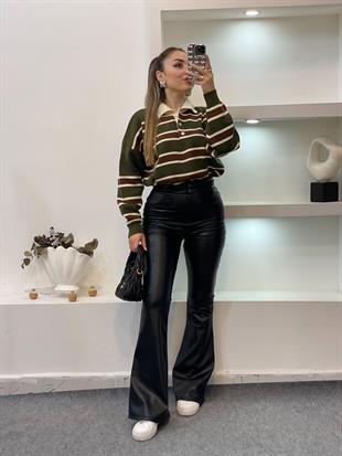 Yeşil Bej Çizgili Triko Kazak