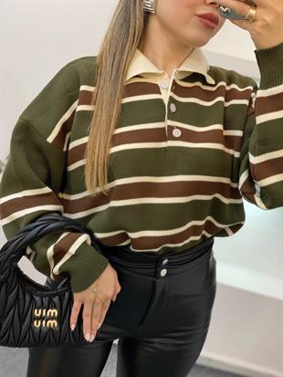 Yeşil Bej Çizgili Triko Kazak