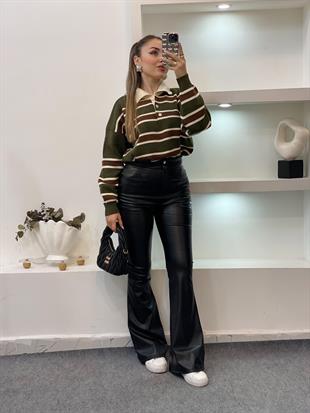 Yeşil Bej Çizgili Triko Kazak