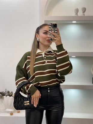 Yeşil Bej Çizgili Triko Kazak