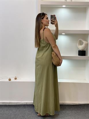 Yeşil Boncuk Askılı Keten Elbise 