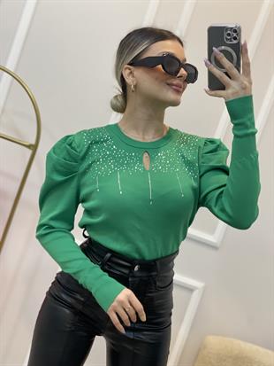 Yeşil Damla Taşlı Önü Pencereli Triko Bluz