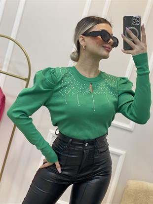 Yeşil Damla Taşlı Önü Pencereli Triko Bluz