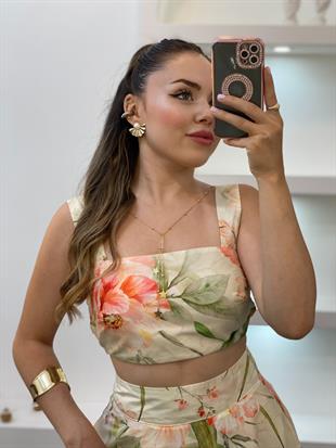 Yeşil Desenli Premium Kalite Crop Bluz Etek Takım