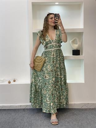 Yeşil Desenli Kolları Volanlı Elbise