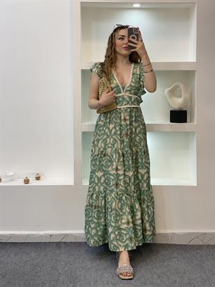 Yeşil Desenli Kolları Volanlı Elbise