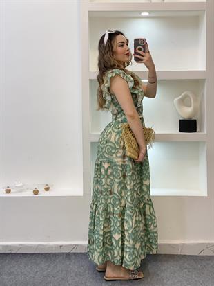 Yeşil Desenli Kolları Volanlı Elbise