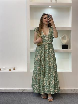 Yeşil Desenli Kolları Volanlı Elbise