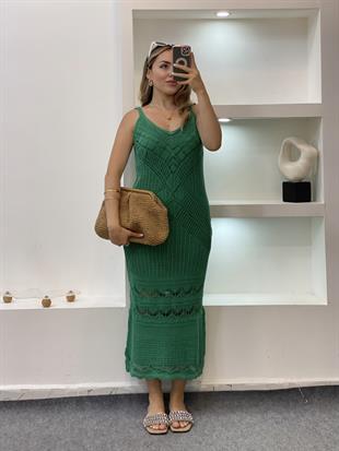 Yeşil Desenli Triko Elbise