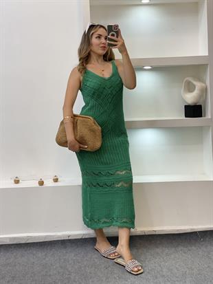 Yeşil Desenli Triko Elbise