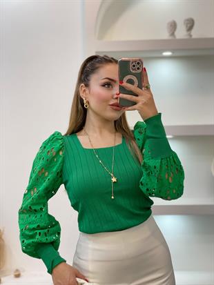 Yeşil Fisto Kollu Triko Bluz