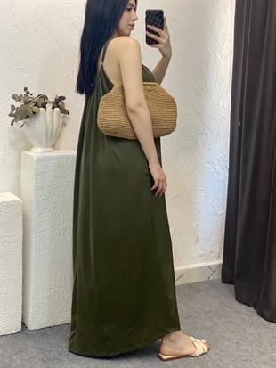Yeşil İp Ayarlanabilir Askılı Modal Kumaş Elbise 
