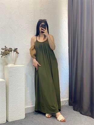 Yeşil İp Ayarlanabilir Askılı Modal Kumaş Elbise 