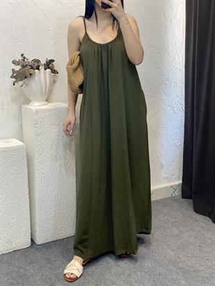Yeşil İp Ayarlanabilir Askılı Modal Kumaş Elbise 