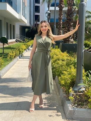 Yeşil Kruvaze Yaka Kuşaklı Likralı ,Kalıp Mükemmel Elbise
