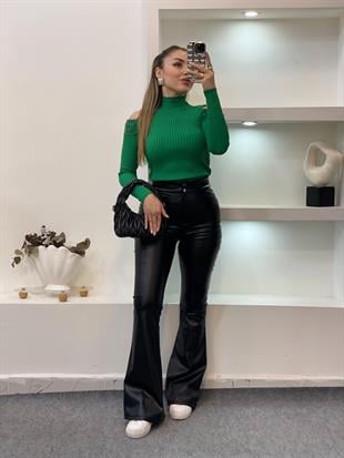 Yeşil Omuz Pencereli Model Triko Bluz