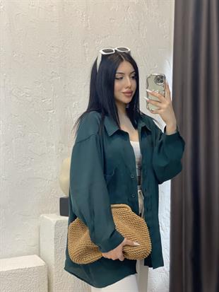 Yeşil Perry Marka Oversize Tensel Gömlek 