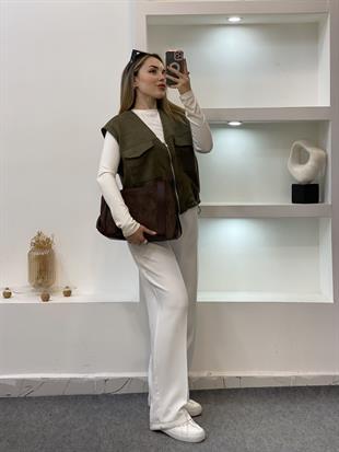 Yeşil Renk Süet Önü Cepli Yelek