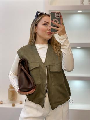 Yeşil Renk Süet Önü Cepli Yelek