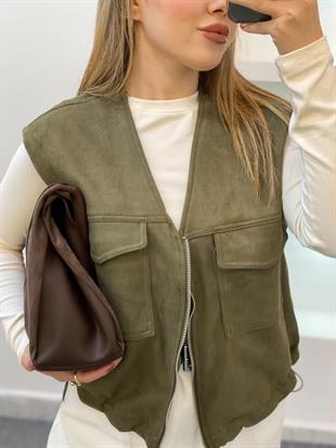 Yeşil Renk Süet Önü Cepli Yelek