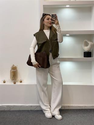 Yeşil Renk Süet Önü Cepli Yelek