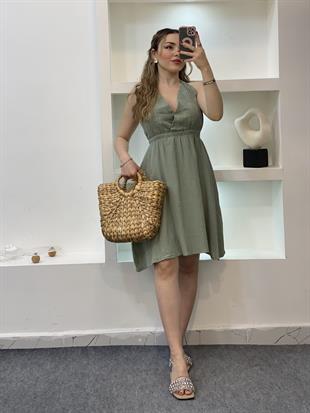 Yeşil Sırt Dekolteli Önü Nakışlı Model Müslin Elbise