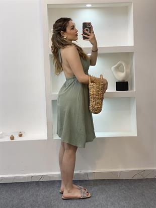 Yeşil Sırt Dekolteli Önü Nakışlı Model Müslin Elbise