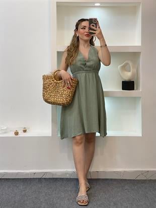 Yeşil Sırt Dekolteli Önü Nakışlı Model Müslin Elbise