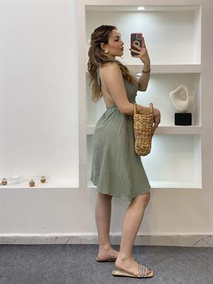 Yeşil Sırt Dekolteli Önü Nakışlı Model Müslin Elbise