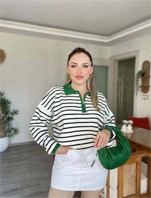Yeşil Siyah Çizgili Polo Yaka Triko 