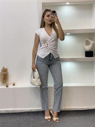 ZR Marka Buz Mavi Kesik Paça Boyfit Jean 