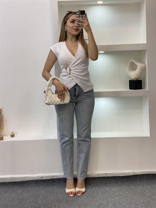 ZR Marka Buz Mavi Kesik Paça Boyfit Jean 