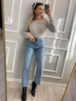 ZR Marka Buz Mavi Kesik Paça Boyfit Jean 