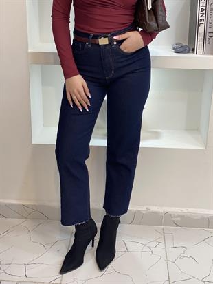 ZR Marka Koyu Lacivert Kesik Paça Boyfit Jean 