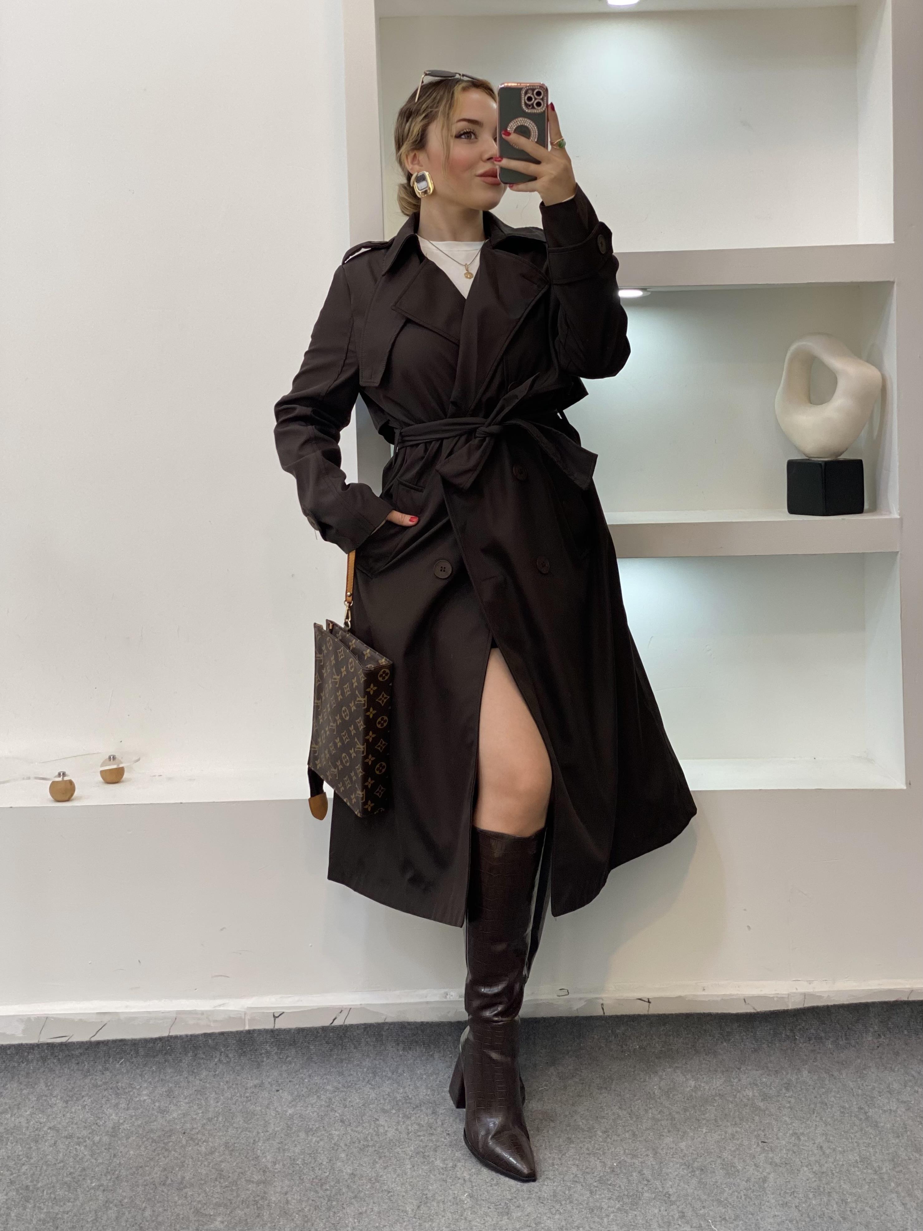 Acı Kahve Apoletli Su Geçirmez Model Maxi Boy Trenç