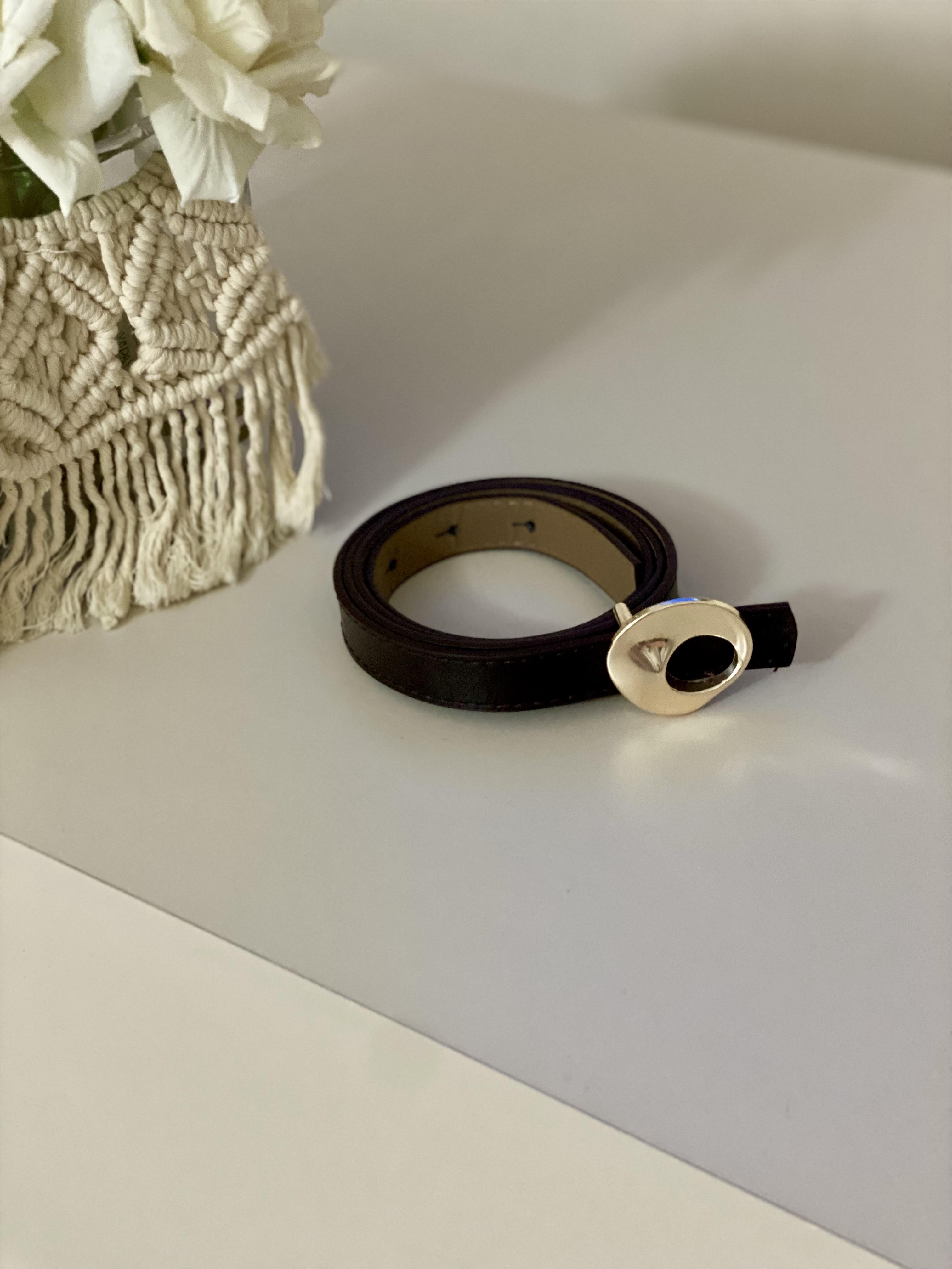 Acı Kahve Oval Gold Tokalı İnce Deri Kemer