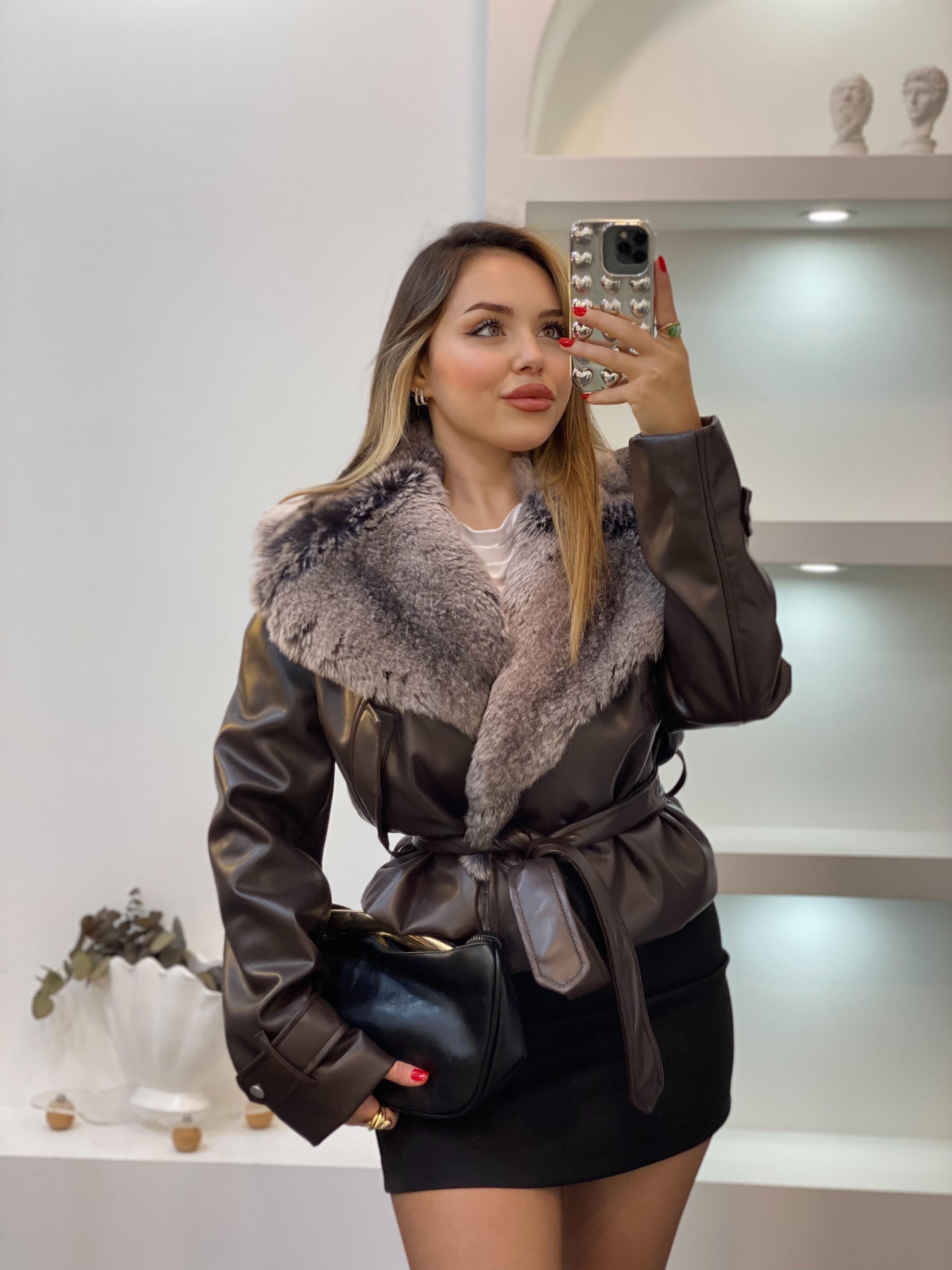 Acı Kahve Premium Kürk Yaka Deri Ceket
