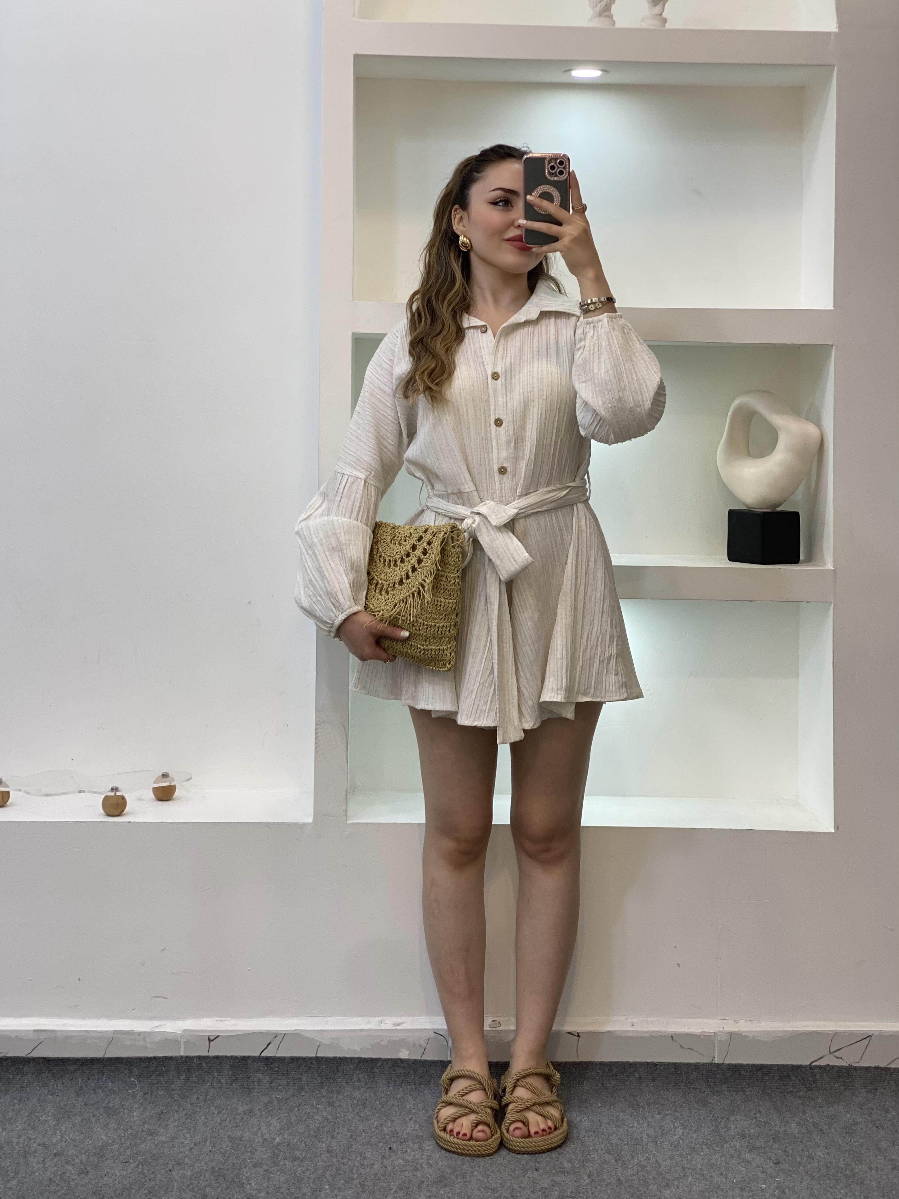 Açık Bej Beli Kuşaklı Tulum